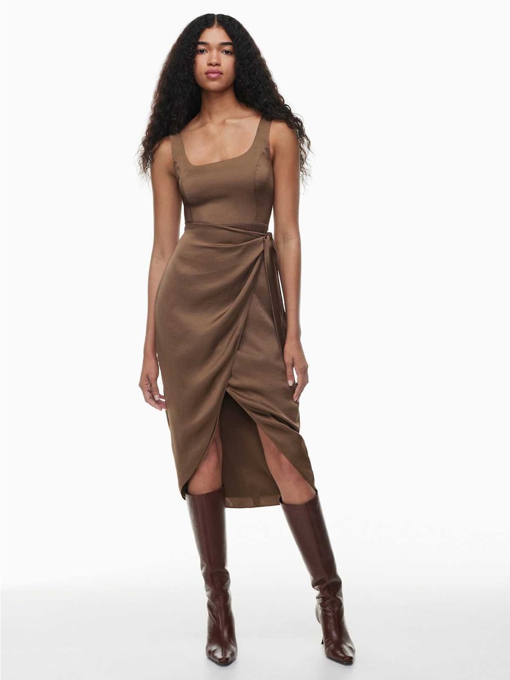 Aritzia Wilfred New Saturn Satin Midi Wrap Dress Dress Cocoa Bean Size 2